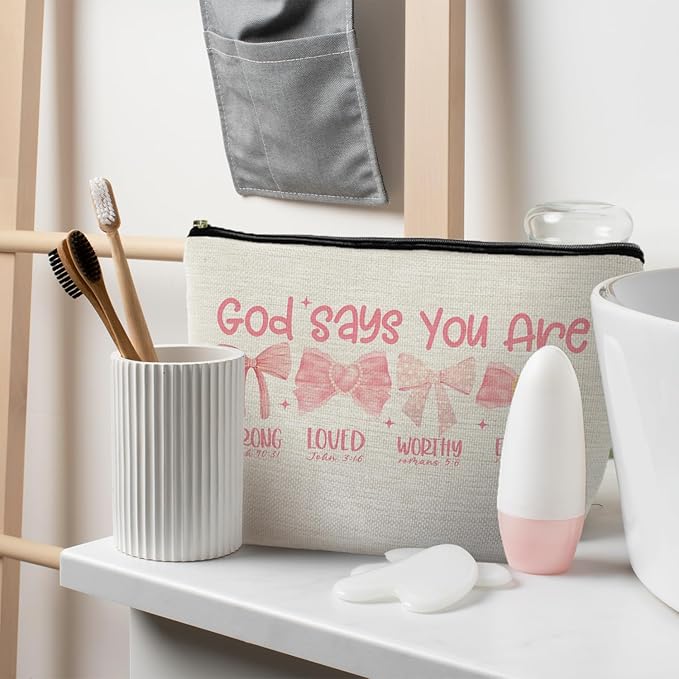 Bow Makeup Bag - God Says You Are Strong, God Gift for Women, Encouragement Gift for Teen Girls, Pink Bows Bible Verse Scripture Christian Makeup Bag Cosmetic Pouch