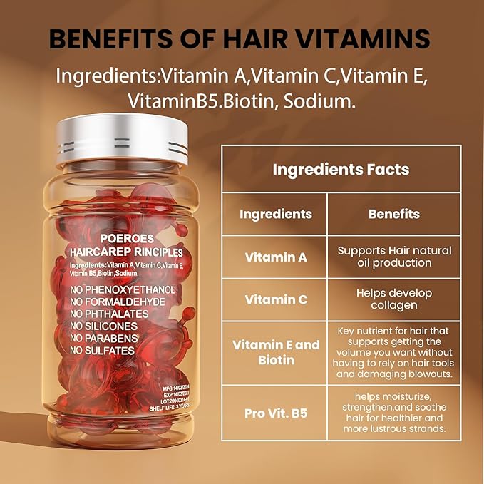 Hair Oil 50 Capsules - Hair Vitamins A C E Pro B5 - Hair Treatment Serum - Hair Serum for Frizzy and Damaged Hair - Argan & Avocado Oil - Leave in Conditioner for Women & Men