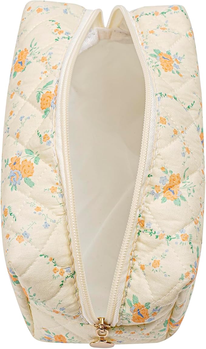 JOVAKIT Square Makeup Bag Cute Cosmetic Bag for Women, Floral Coquette Aesthetic Toiletry Bag, Zipper Make Up Pouch, Travel Make Up Organizer Bag (Yellow Orange Flower)