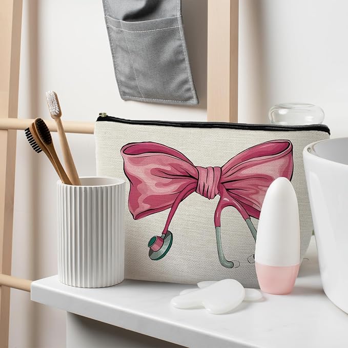 Pink Coquette Bow Stethoscope Nurse Makeup Bag, Nurse Gifts for Women Cosmetic Bags, Nurse Week Gifts Makeup Pouch, Nurse Appreciation Gifts Zipper Pouch