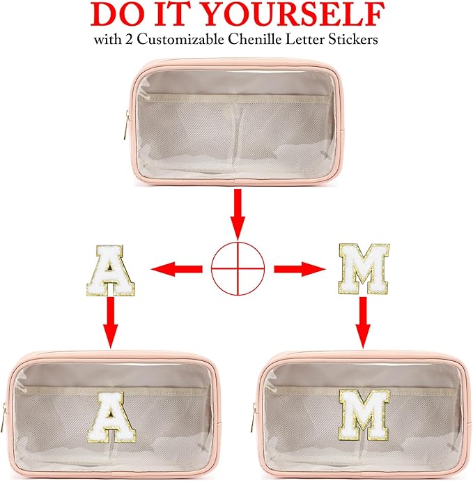 Clear Makeup Bag with 2 Customizable Chenille Letters - Waterproof PU Leather Cosmetic Case, Large Personalized Toiletry Pouch for Women & Teens, Ideal for Travel & Gift