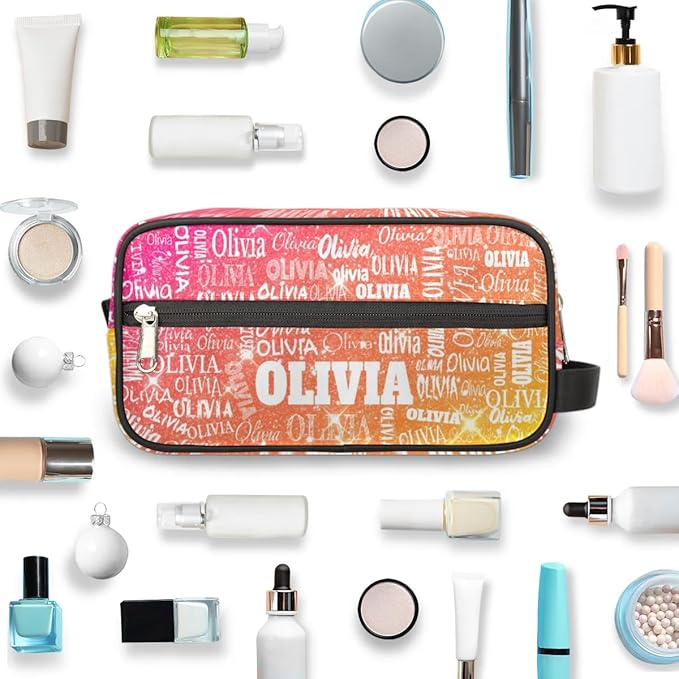 Custom Name Makeup Bag Travel Bag, Toiletry Bag Travel Large Capacity Cosmetic Container Organizer for Shampoo Shiny Glitter Starry Red Orange