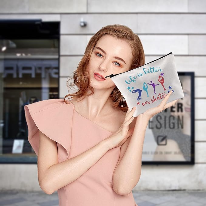 Ice Skate Cosmetic Bag Figure Skating Makeup Bag - Ideal Gift for Skate Lovers - Life Is Better On Skates Makeup Pouch Large Capacity Canvas Travel Bags