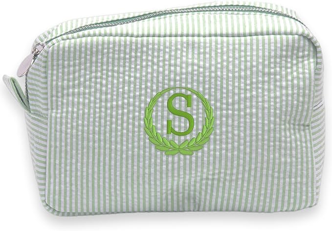 Custom Makeup Bag Personalized Cosmetic Bag Cute Seersucker Travel Toiletry Bag for Women Embroidered Bag Organizer for Bride Makeup Bag Gift Green