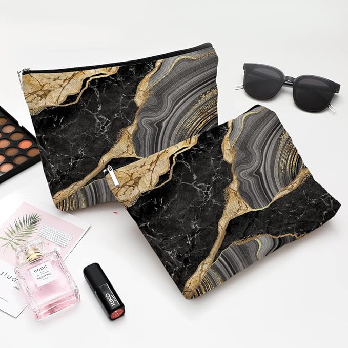 Cute Makeup Bag for Purse Canvas Waterproof Funny Cosmetic Bags for Women Zipper Travel Toiletry Pouch-Black Marble Makeup Bags