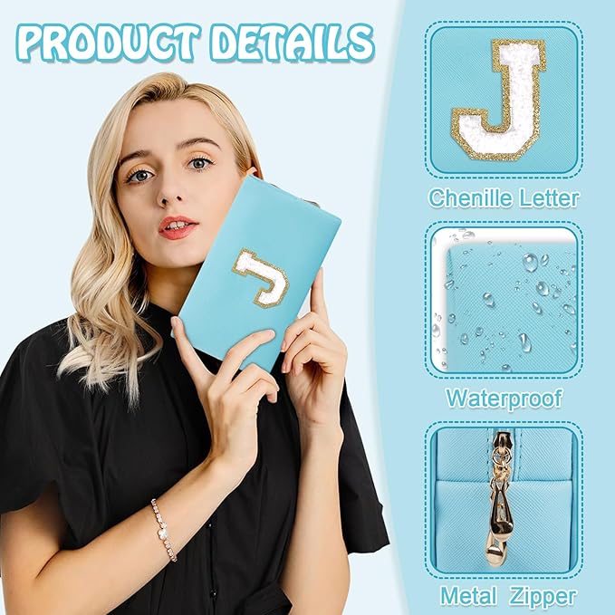 Personalized Preppy Small Travel Makeup Bag, Initial Chenille Letter Blue Makeup Bag Cosmetic Zipper Pouch Toiletry Organizer, PU Waterproof Makeup Case Storage Cute Preppy Stuff for Female(Letter J)