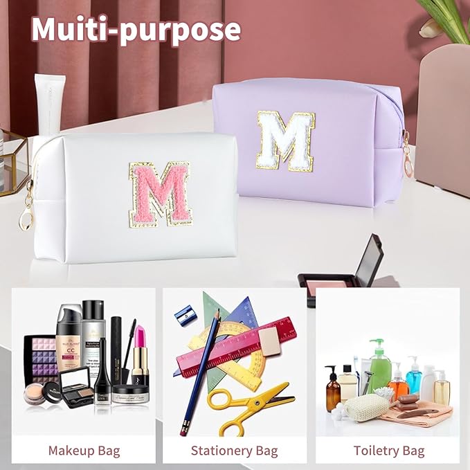 MSQ Personalized Makeup Bag Initial A-Z Patch Bag, PU Leather Cosmetic Bag Pouch Travel Toiletry Bag with Zipper, Gift Ideal for Teen Girls Friend Mom Women Birthday (White M)