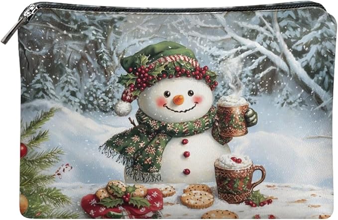 COEQINE Snowman Coffee Milk Purse Pouches for Organizing Leather Cosmetic Bag Bulk Small Pencil Pouch for Women Travel Toiletry Bag Floral Makeup Zipper Pouch for Christmas Gifts for Ladies