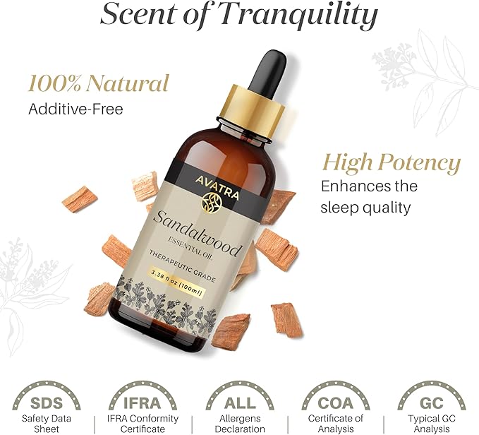 Avatra Sandalwood Essential Oil 100ML (3.38 OZ) with Glass Dropper and Travel Bottle, Pure and Natural Therapeutic Grade Sandalwood Oil for Diffuser, Aromatherapy, Massage, and DIY Candle Products