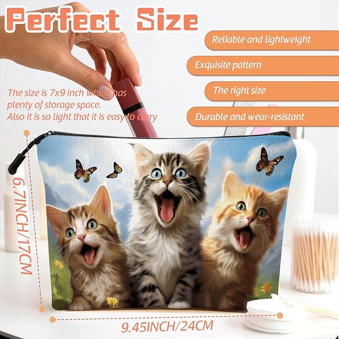 Cosmetic Bags Travel Makeup Toilet Case Waterproof Pouch for Women Girls 6.7X9.45inches - Kittens With Butterflies in A Mountain - Sky Background