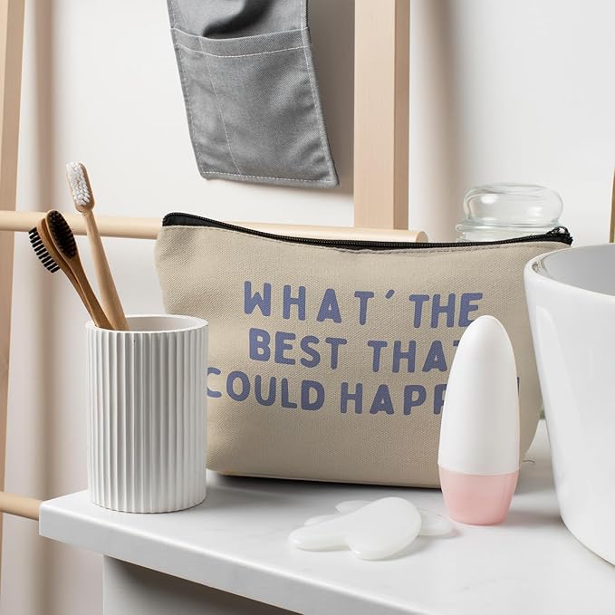 What's the Best That Could Happen Inspirational Makeup Bag for Purse, Positive Affirmations Gifts Cosmetic Bag Travel Toiletry Bag for Women, Motivational Zipper Makeup Pouch