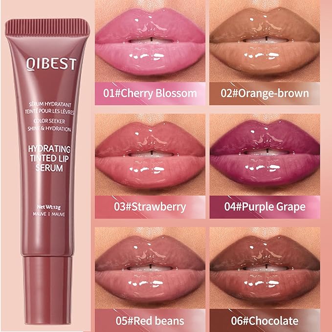 Tinted Lip Serum Gloss – Hydrating Lip Plumper with Natural Shine, Nourishing Hydration with Polypeptide Non-Sticky, Long-Lasting Color, Moisturizing Lip Makeup (6Pcs)