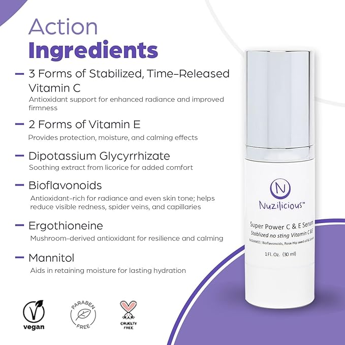Professional Grade Super C & E Serum for Glowing Skin – Stabilized, Non-Stinging Vitamin C Formula – Vegan, Cruelty-Free, Anti-Dullness Face Serum – 1 oz