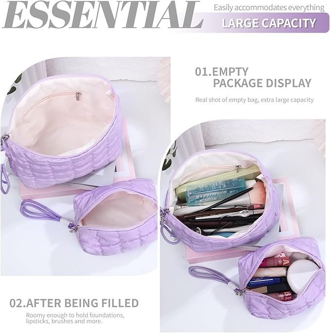 Richeart Makeup Bag Travel Toiletry Bag - Checkered Down Cotton Makeup Pouch for Women with Cosmetic and Pencil, Aesthetic Purple Design, Large
