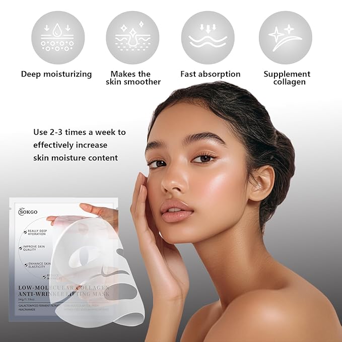 Low Molecular Weight Collagen Overnight Hydrogel Mask, Enhances Skin Elasticity, Reduces Pores, Transforms from White to Transparent Upon Absorption Skin Care Treatment.