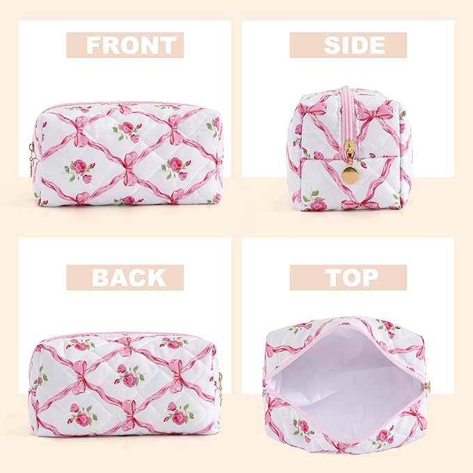 Makeup Bag Travel Toiletry Bag for Women, Small Cosmetic Bags Cute Quilted Cotton Makeup Pouch for Purse Emergency Bag for School Floral Pencil Case Accessory Bag, Bow and Floral
