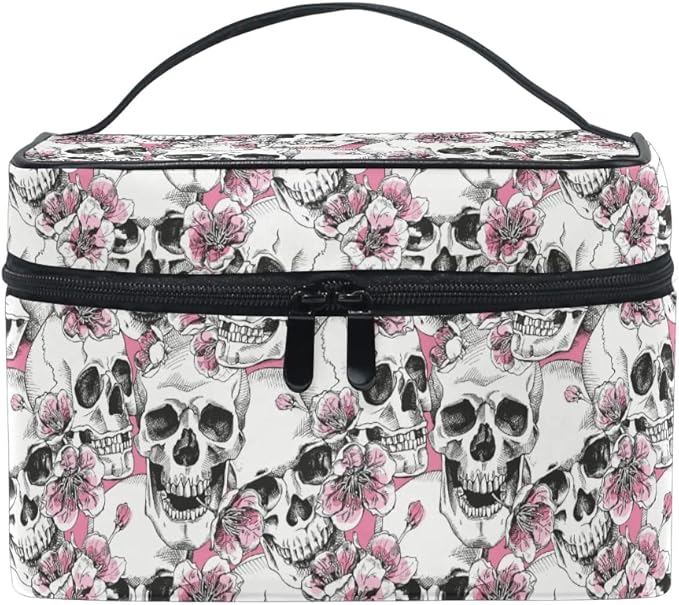 Makeup Bag, Halloween Skull Flowers And Pink Cherries Travel Makeup Organizer Bag Cosmetic Cases Toiletry Bags for Girl Women Ladies