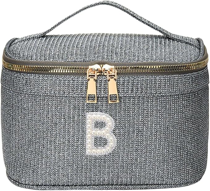 EURYNOME Makeup Bag - Water-Resistant Travel Cosmetic Organizer (8.3x5.1x5.1 Inch) for Women,Sparkling Custom Letter B Design