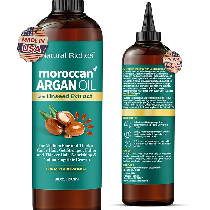 Natural Riches Moroccan Argan Oil with Linseed Extract, Hair Treatment for All Hair Types, Smooths frizz, detangles, conditions and boosts shine 8 Fl Oz