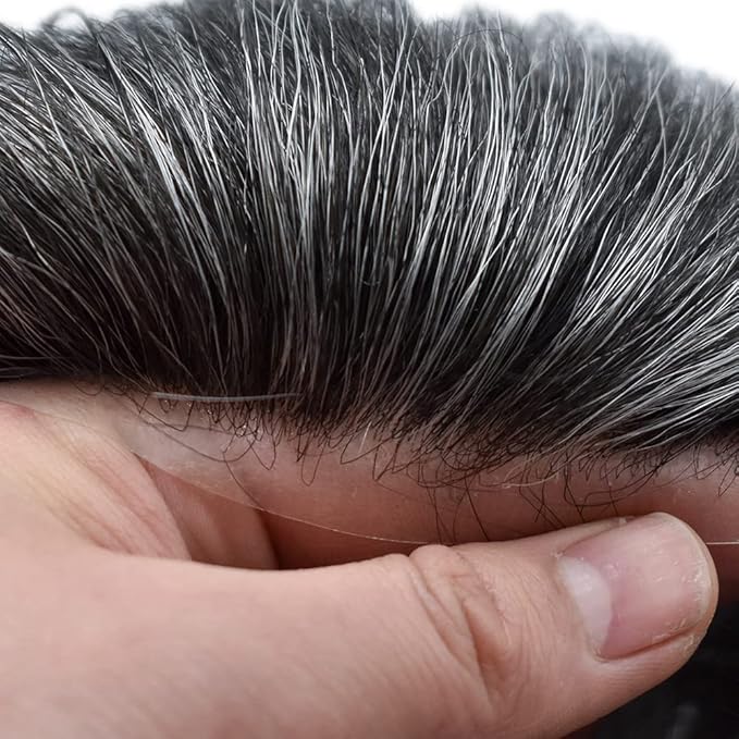 FACE MIRACLE Lace Front Mens Toupee Human Hair System Swiss Lace Center Toupee for Men Thin Skin PU Hair Replacement System V-Looped Mens Hair Wig 7"X9" #1B40 1B# OFF BLACK WITH 40% SYNTHETIC GREY