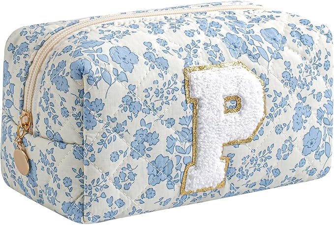 Gleyemor Personalized Initial Makeup Bag for Women, Cute Quilted Blue Floral Cotton Cosmetic Bag, Christmas Gifts for Her Mom Friend Sister Bridesmaid Teacher Women P