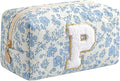 Gleyemor Personalized Initial Makeup Bag for Women, Cute Quilted Blue Floral Cotton Cosmetic Bag, Christmas Gifts for Her Mom Friend Sister Bridesmaid Teacher Women P