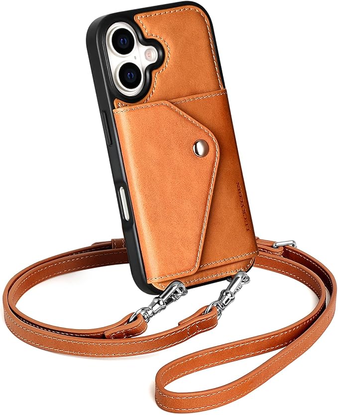 LUCKYCOIN Crossbody Wallet Phone Case for iPhone 17,100% Genuine Leather Wallet Phone Case with Expandable Flip Card Holder,Phone Purse for Women with Adjustable Removable Strap - Tan