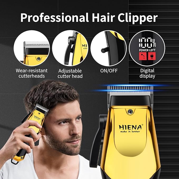 HIENA PRO Professional Cordless Hair Clippers for Men, T-Blade Beard Trimmer & Foil Shaver Set, Rechargeable Barber Clipper Kit and Hair Cutting Set, Facial Grooming Kit with LED Display