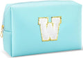 Gifts for Girls Initial Makeup Bag Personalized Cosmetic Bag with Zipper Cute Travel Toiletry Bag Waterproof PU Preppy Makeup Pouch Birthday Gift for Teen Girls Women(Blue W)
