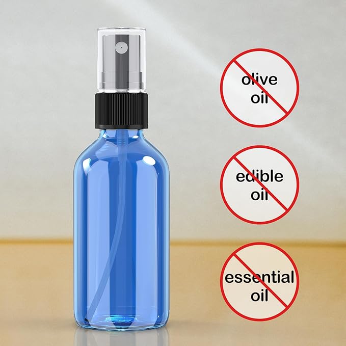 Wedama 4 oz Mini Glass Spray Bottles, Empty Small Spray Bottles with Funnel Dropper, Fine Mist for Hair, Travel, Plants, Cleaning Solutions and Skin Care (4 Pack Sky Blue)