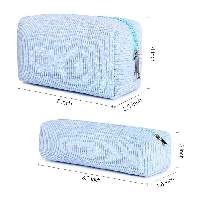 SOIDRAM Corduroy Cosmetic Bag - Cute Blue Makeup Pouch, Large Capacity, Travel Toiletry Bag Organizer with 1Pcs Makeup Brushes Storage