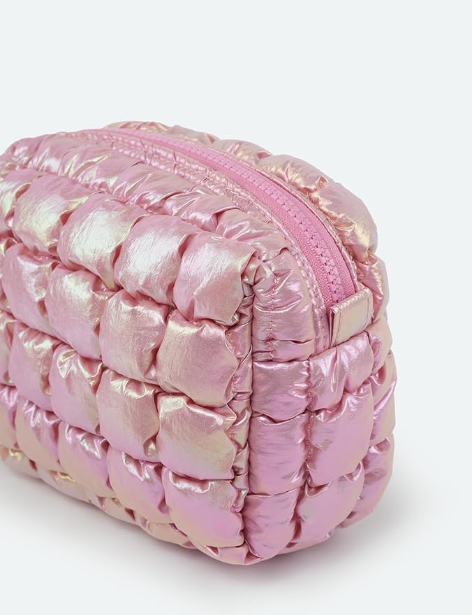 Yarnic Quilted Makeup Bag Cosmetic Bag, Travel Toiletry Bag for Women, Cute Makeup Bag Organizer Puffer Makeup Pouch (Iridescent Pink, S)