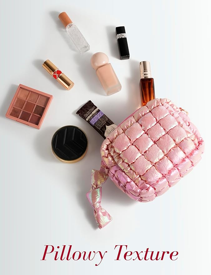 Yarnic Quilted Makeup Bag Cosmetic Bag, Travel Toiletry Bag for Women, Cute Makeup Bag Organizer Puffer Makeup Pouch (Iridescent Pink, S)