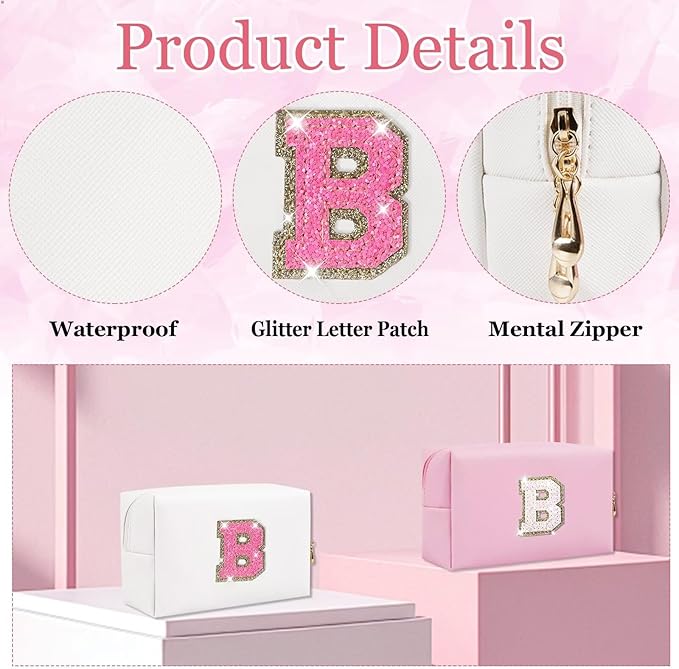 Small Personalized Glitter Initial Letter Makeup Bag, Cute PU Leather Chenille Letters Cosmetic Bag Travel Makeup Pouch, Preppy Travel Organizer Zipper Pouch for Women&Girls（WhiteRosePink-B）