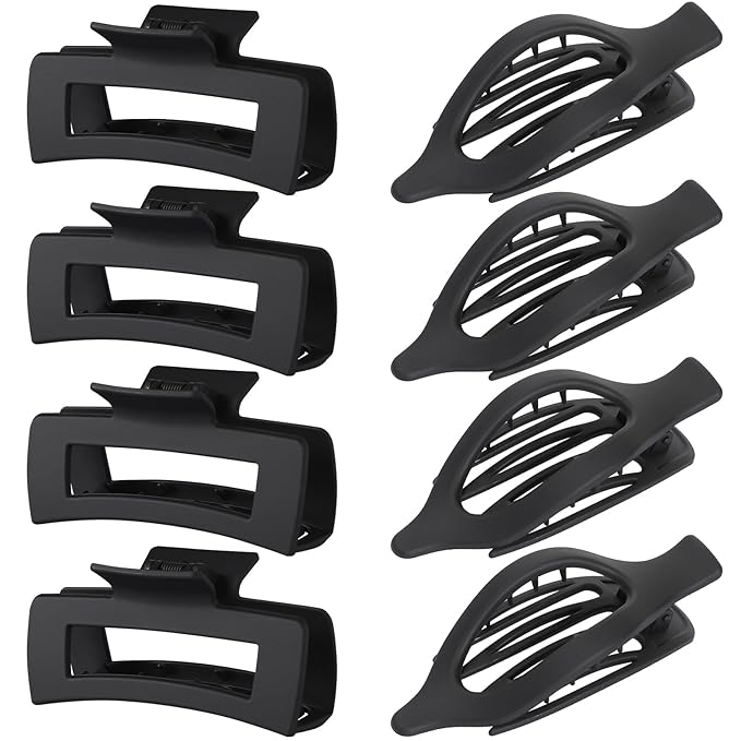 Hair Clips for Women 4.3 Inch Large Hair Claw Clips 8 pcs Square Claw Clips & Flat Hair Clips for Thick or Thin Hair French Concord Hair Barrettes Alligator Hair Accessories for Women (Black)