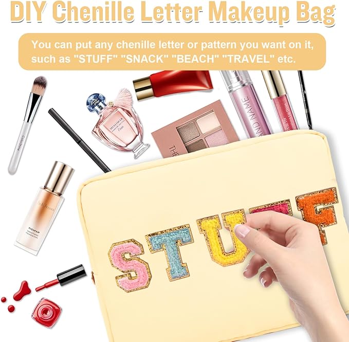 Nylon Large Makeup Bag Travel Pouch for Women, Preppy Big Makeup Bag Cute Cosmetic Zipper Pouch Purse, DIY Chenille Letter Bag Waterproof Toiletry Bag Clutch Makeup Organizer for Girls (Beige)