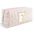 Personalized Quilted Cosmetic Bag, Puffy Monogrammed Christmas Birthday Gifts for Women & Girls, Cute initial Floral Makeup Bag Puffer Coquette Bag, Aesthetic Travel Toiletry Zipper Pouch(Pink,F)