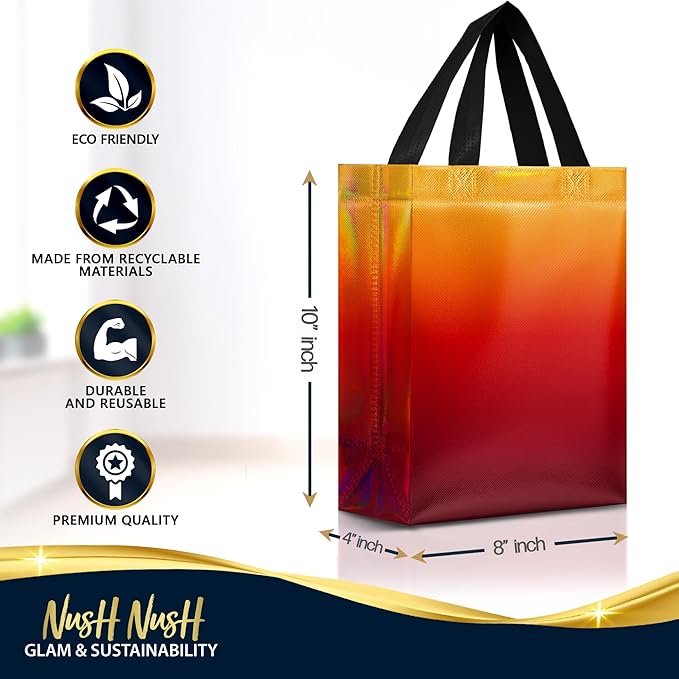 Nush Nush Rise Gradient Gift Bags Medium Size - Set of 12 Sunset Yellow & Red Gift Bags with Handles & Iridescent Finish - Ideal Goodie Bag for Birthday Party Favors, Christmas, Return Gifts - 8x4x10