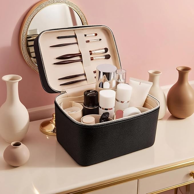 Makeup Case, Large Capacity Waterproof Double Layer Cosmetic Bag with Removable Divider, Double Compartment Brush Organizer, Multi-functional Travel Organizer