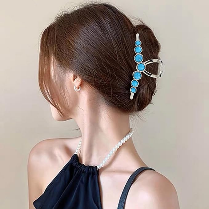 SINIDE Turquoise Blue Stone Hair Claw Clips, Large Metal Retro Bowknot Claw Clip for Women Strong Hold Non-Slip Catch Barrette Jaw Clamp for Long Thick Hair, Fashion Styling Accessories (2 Pack)