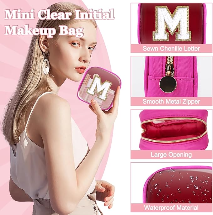 Mini Clear Personalized Initial Makeup Bag,Nylon Preppy A-Z Chenille Letter Patch Zipper Cosmetic Bag, Small Cute Beach Pouch Travel Purse Sanitary Napkin Storage Bag for Women Girls(Hot Pink-White M)