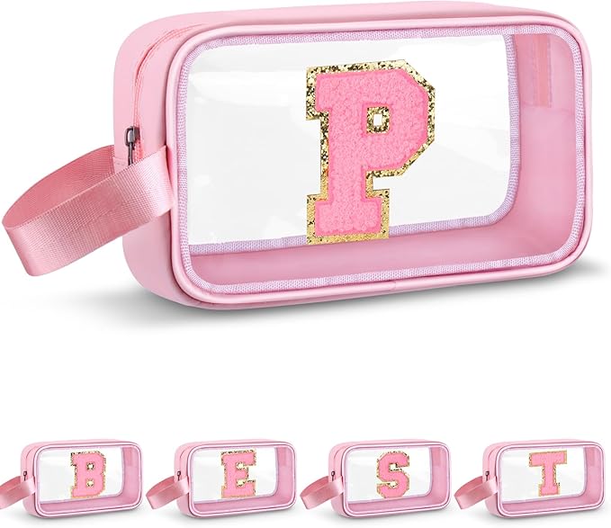 Initial Makeup Bag,Letter P Cute Clear Monogrammed Cosmetic Travel Bag for Womens Girls,Personalized Pink Aesthetic Traveling Make Up Organizer Bag for Beach,Waterproof Toiletry Bag