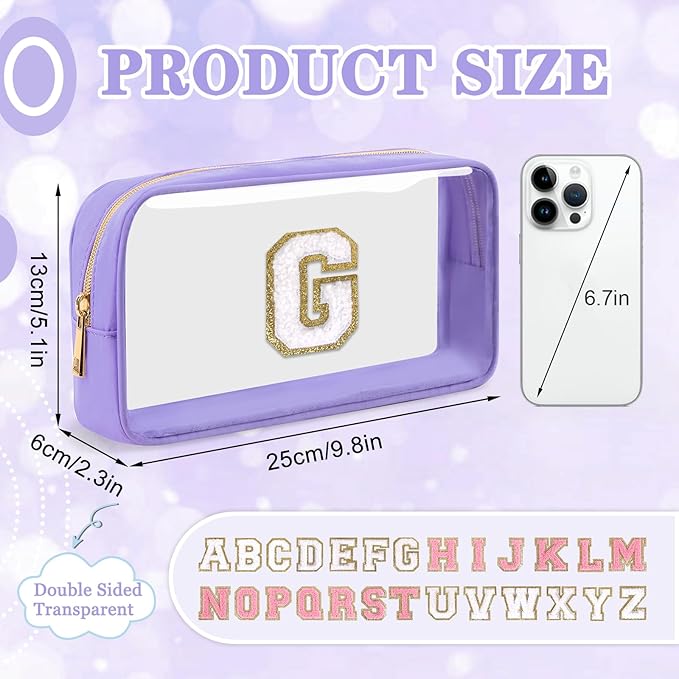 Small Clear Personalized Initial Makeup Bag,Nylon Preppy A-Z Chenille Letter Patch Cosmetic Pouch Beach Toiletry Bag,Waterproof Zip Travel Purse Storage Bag Organizer for Women Girls(Purple-White G)