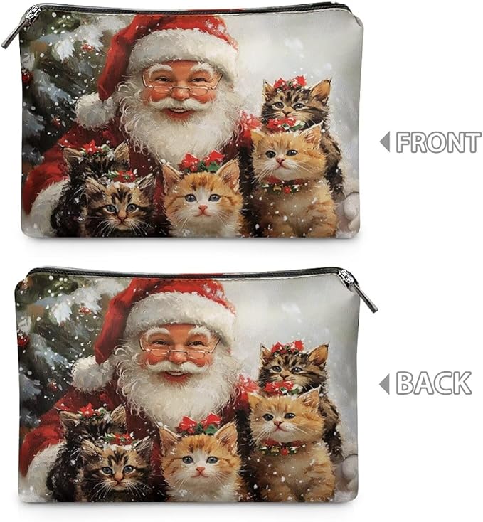 COEQINE Makeup Bag For Purse Leather Cute Cat Red Santa Designer Mini Cosmetic Bag Leather Organizer Pouch with Zipper Toiletry Travel Bag for Women for Holiday Birthday Christmas Gifts