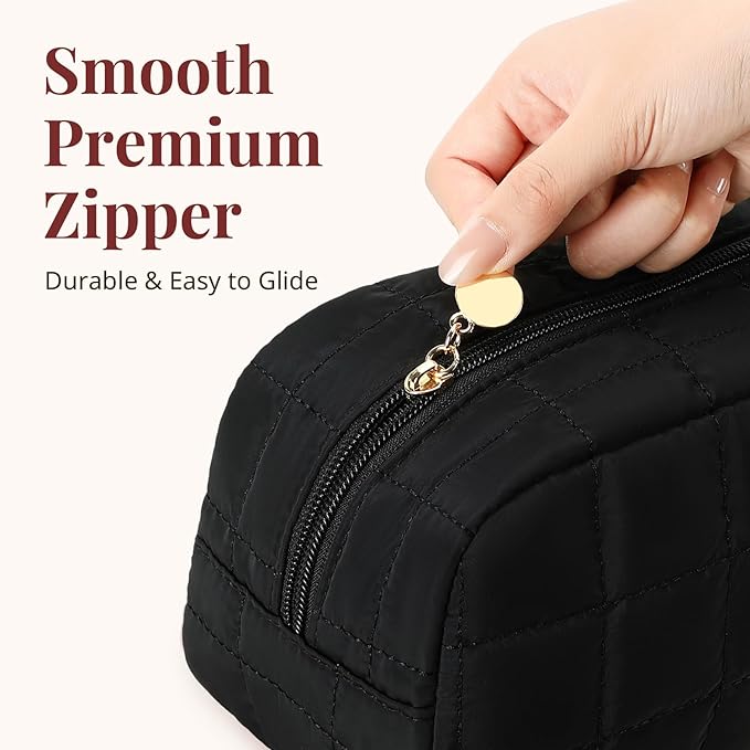 Makeup Bag for Women, Travel Cosmetic Bag Organizer with Compartments, Quilted Puffy Toiletry Pouch for Brushes, Essentials and Accessories, Black