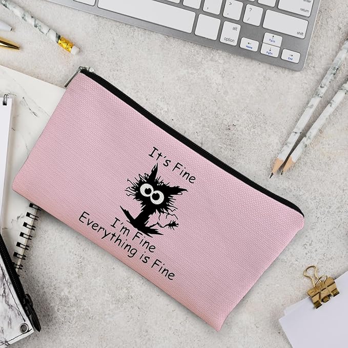 Black Cat Makeup Bag - Funny 'I'm Fine' Cosmetic Bag, Pink Zipper Travel Toiletry Bag for Cat Lovers, Teen Girls & Cat Owners Gifts