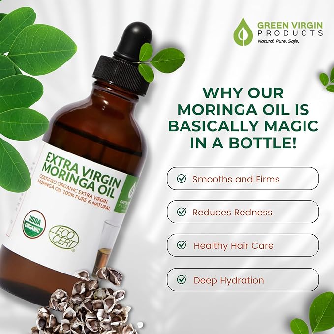 Organic Moringa & Jojoba Oil Bundle – 100% Pure, Cold Pressed, Extra Virgin, Food Grade Oils for Face, Hair & Body – Deep Moisturizing, Anti-Aging & Nourishing Skin Care Duo (2 x 4oz Bottles)