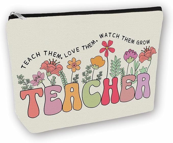 Teacher Appreciation Gifts Makeup Bag: Floral Themed Cosmetic & Toiletry Organizer Pouch For Women & Girls Teachers - Ideal Gift for Travel, Birthdays, Christmas, Teacher's Day, Thanksgiving Day.