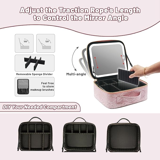 Travel Makeup Bag with LED Mirror – 3 Brightness Modes, Portable Lighted Makeup Case with Adjustable Dividers, Cosmetic Organizer Gift for Women (Pink)