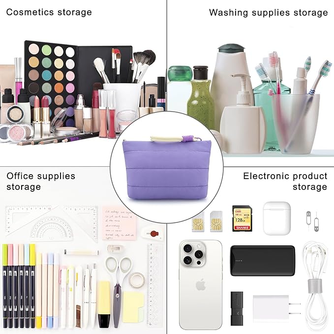 DOB SECHS Striped Quilted Makeup Bag with Wristlet Strap Cute Puffy Cotton Cosmetic Bag for Women, Small Puffer Toiletry Zipper Make Up Pouch, Quilt Clutch Bag Travel Organizer Storage Pouches, Purple